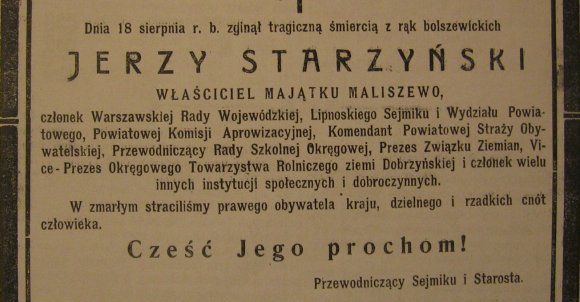 Nekrolog Jerzego Starzyńskiego w lokalnej prasie